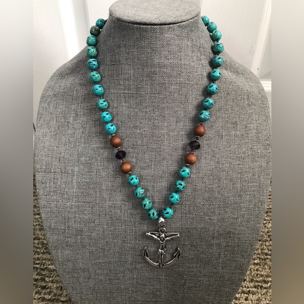 Coiris. Faux Turquoise & Silver Cross Necklace.